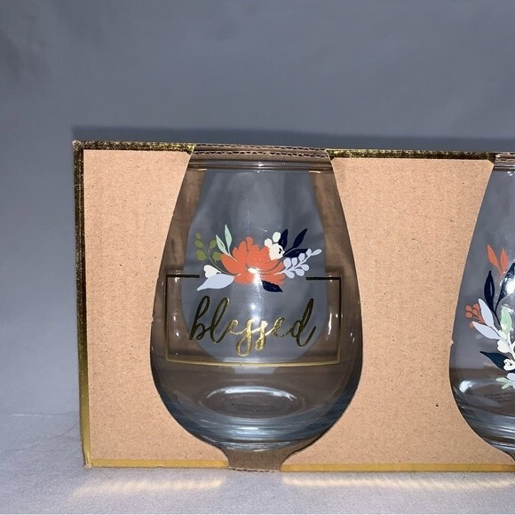 Blessed Seize The Day Painted Wine Glass Set Stemless Gold Painted Floral 16 oz - Picture 3 of 8